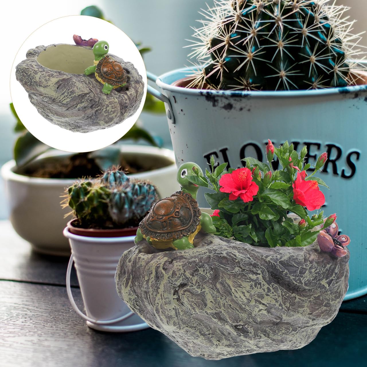 VANZACK Turtle Planter - Unique Resin Flower Pot for Succulents & Garden Decor, Cute Animal Planter for Patio, Balcony, or Outdoor Decoration (5.3x4.9 Inch)