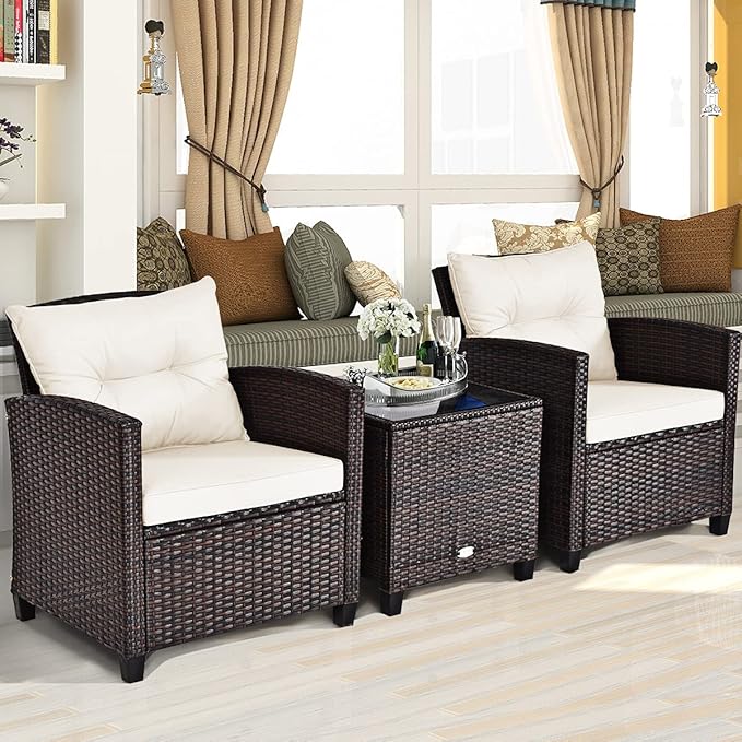 HAPPYGRILL 3 Pieces Patio Conversation Set, Outdoor Furniture Set PE Rattan