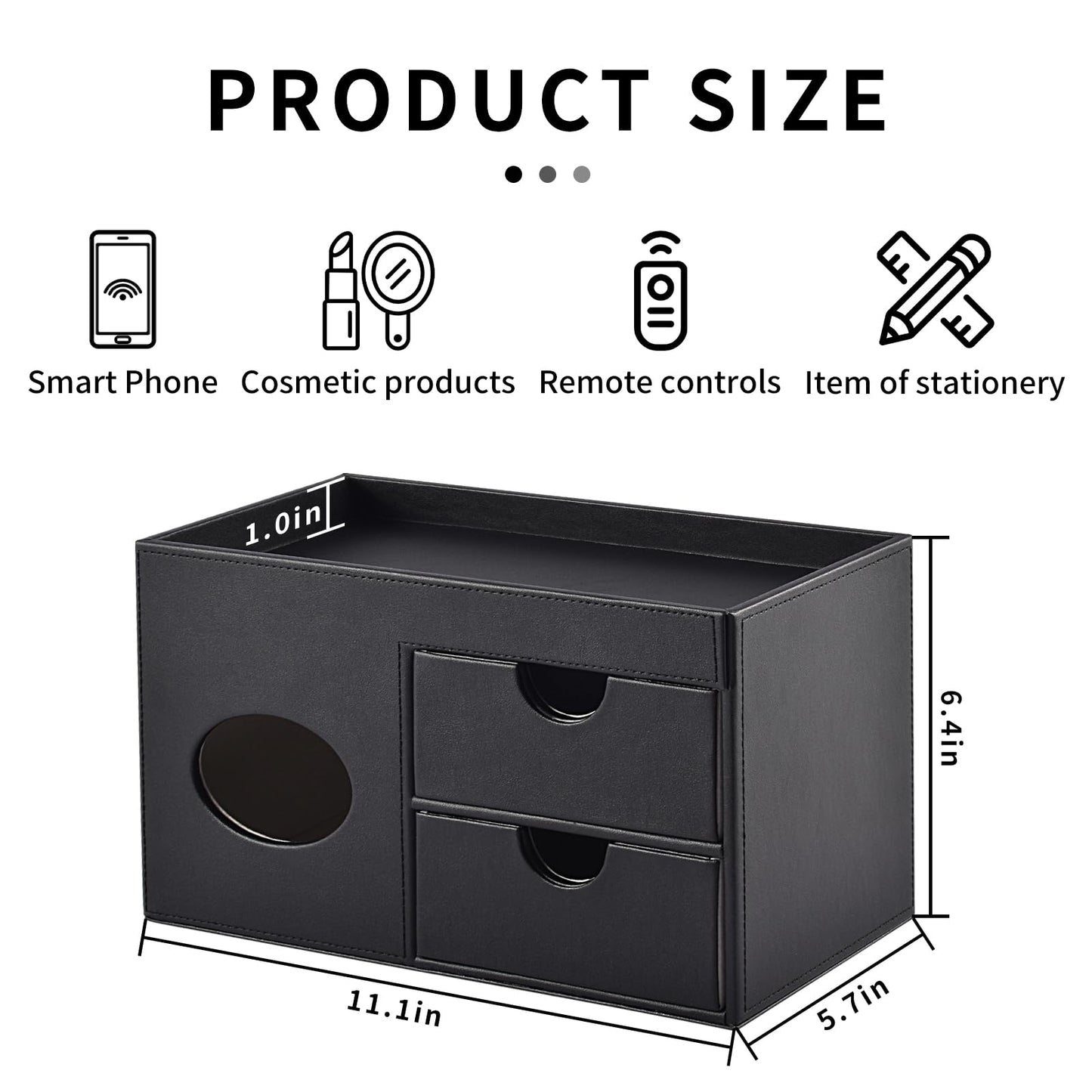 RHCSZ Square Tissue Box Cover with Drawers,Tissue Box Holder with Storage Tray, Makeup Organizer and Desk Organizer,Tissue Holders Decorative for Bathroom Vanity NightStand Dressing Table (Black)