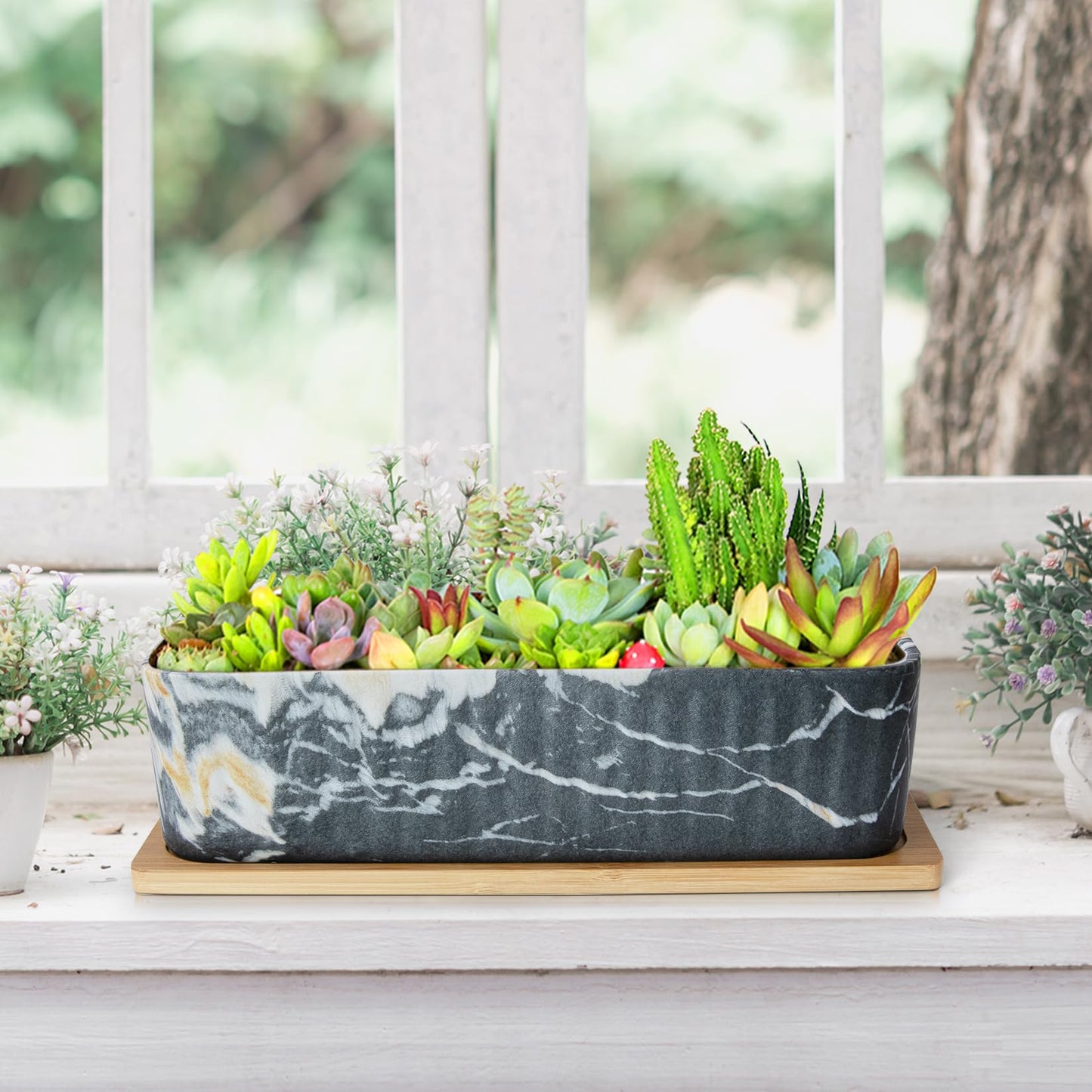 ARTKETTY Succulent Pots, Large Shallow Rectangle Planters with Drainage Tray, 12 Inch Long Window Sill Planter for Indoor Cactus Bonsai Plants, Ceramic Marble Window Box Planter Home Office Decor