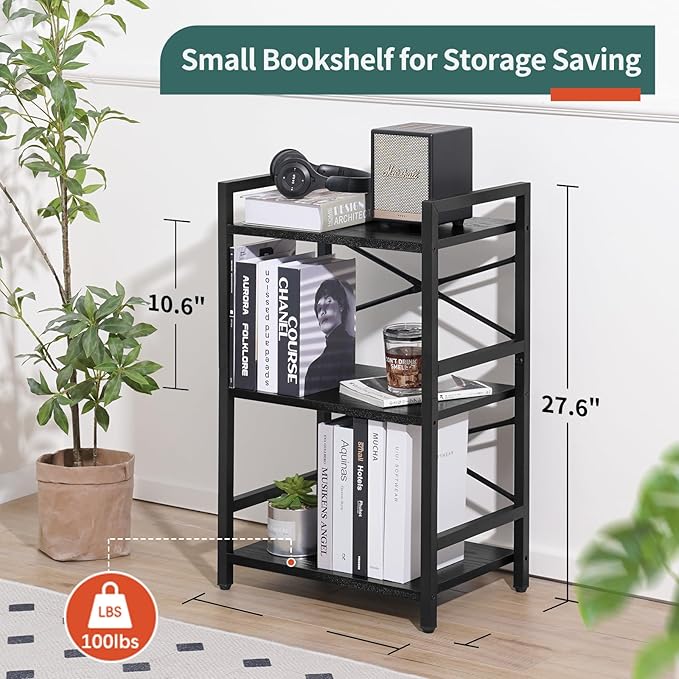 Yoobure Bookshelf Small Book Shelf, Solid Industrial 3 Tier Shelf Bookcase