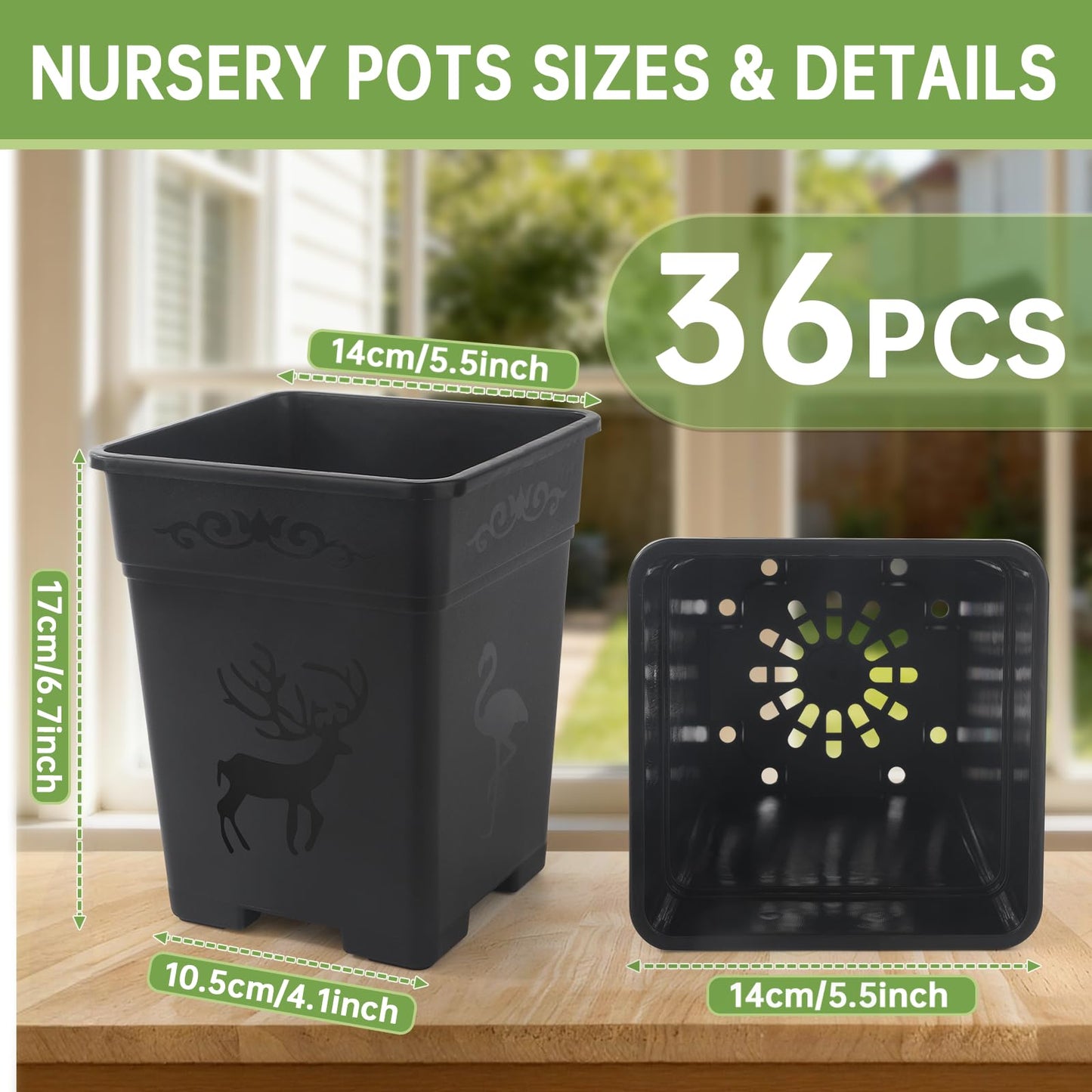 puobao 36 Pack 5.5 Inch Square Nursery Pots, Plastic Flower Pots with Drainage, Plant Pots for Plants, Reusable Planting Pots Planter for Seedlings, Transplanting & Indoor Use