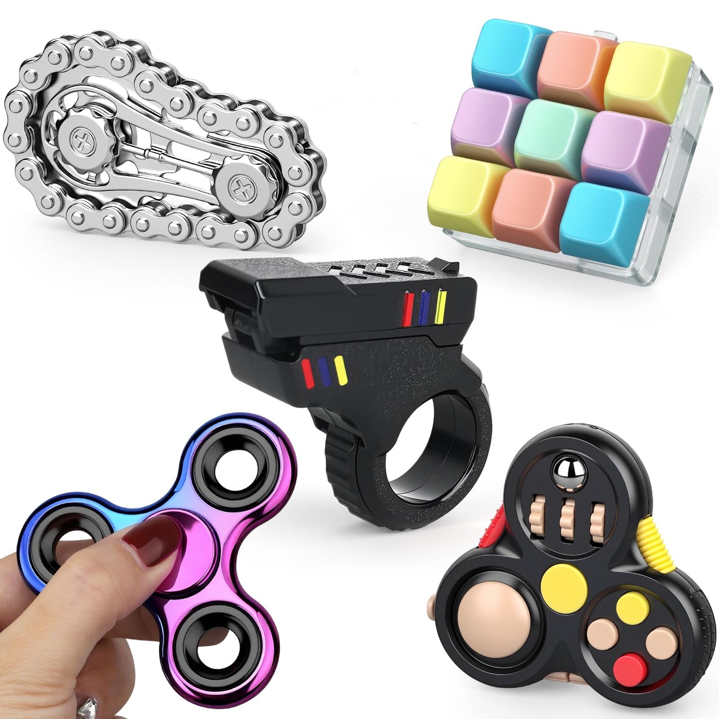 5 PCS Fidget Toys Set for Adults, Fidget Slider, Fidget Cube, Spinner Toy, Keyboard Clicker Toy, Fidget Pad, Cool Gadgets Office Desk Toy for Men Teen Gift