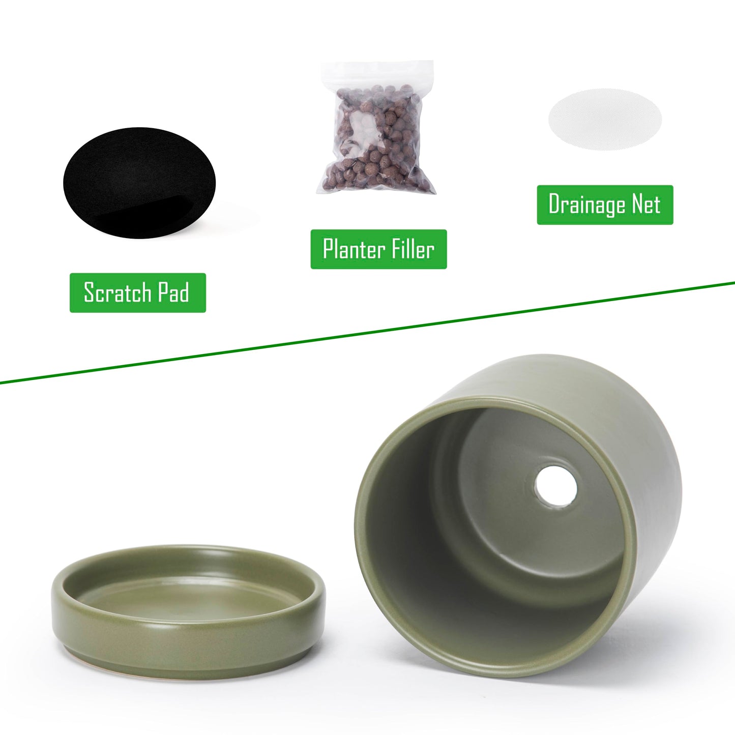D'vine Dev Set of 2 Plants Pots, 3.5 Inch Ceramic Planter Pot for Plants with Drainage Hole and Saucer, Olive, 94-V-A-J