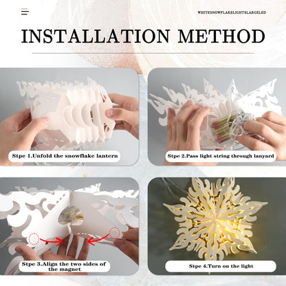 5Pcs Christmas Paper Snowflake Lanterns, Large Christmas Paper Star Lanterns with Lights & Banner White Hanging Snowflake Lamps for Xmas Winter Frozen Weddings Birthday Holiday Party Decorations