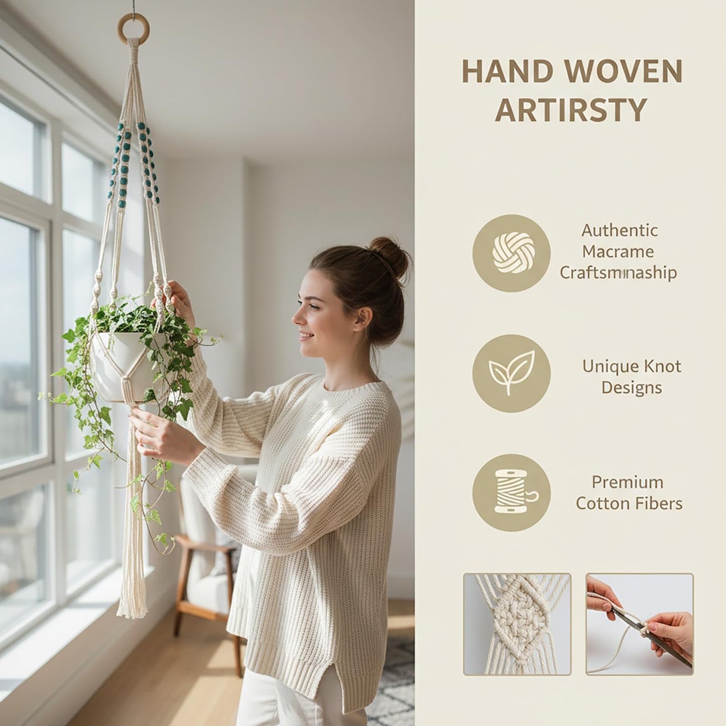 Macravine 8-Pack Macrame Plant Hanger, Boho Indoor Window Pot Hanger with Wooden Beads, Hanging Flower Pot Holder,Creative Handmade Chic Plant Basket Length 39″(no Pot&Plant Included)
