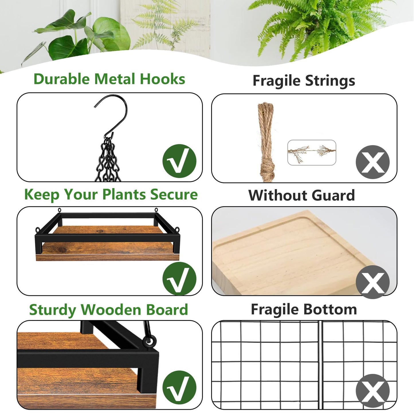 Plant Hanger Indoor, 11.8" Wooden Hanging Plant Holder with Metal Frame Hanging Planter for Indoor Plants Load 50LB Hanging Plant Shelf with 27.6" Long Chain, Ideal for Heavier Pots Window Ceiling