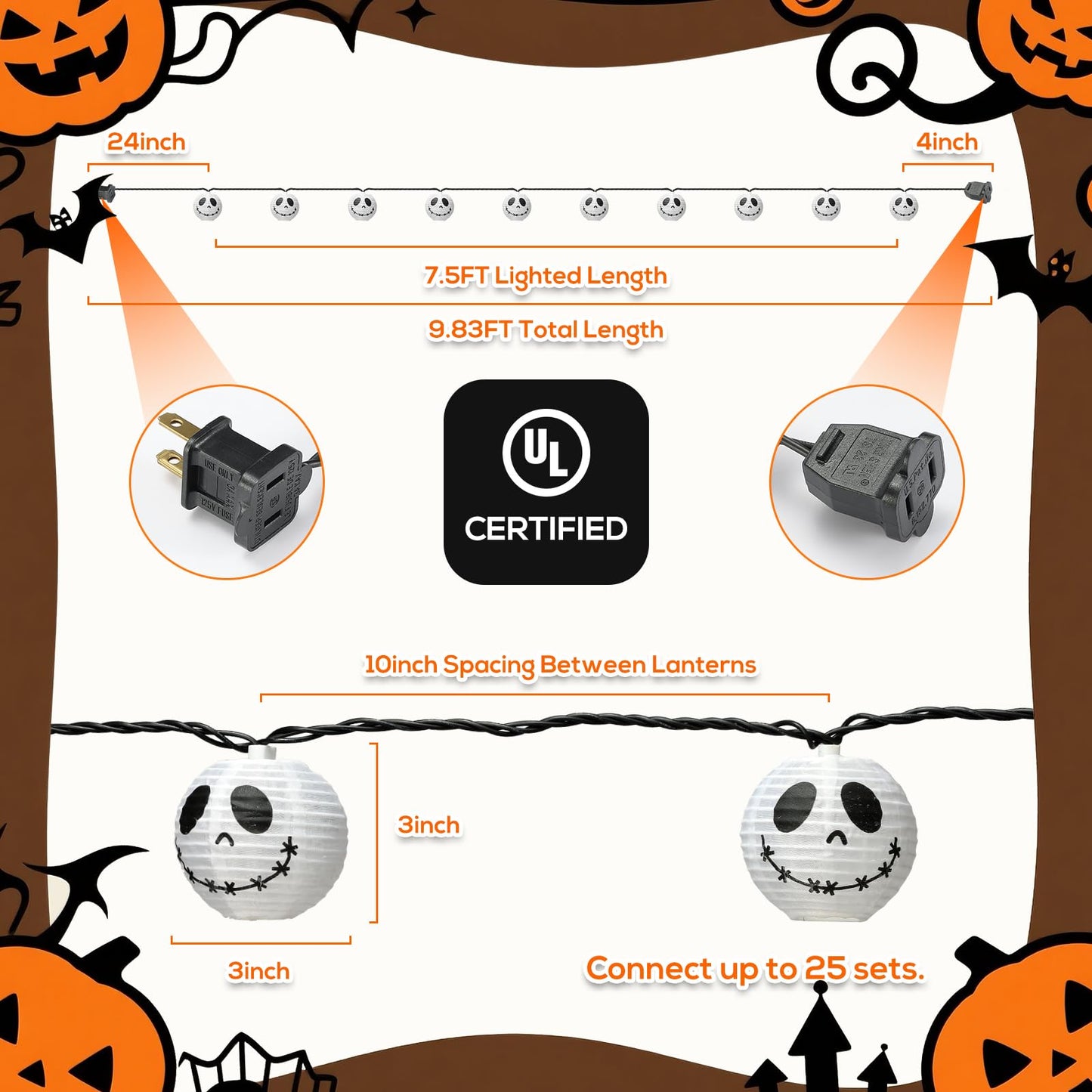 Brillarlights Halloween Decorations Ghost Lantern String Lights Plug in, 10 Pack Ghost Jack Skellington White Lantern Lights with Black Cord, Spooky Lights Outdoor for Halloween Spooky Mantel Decor