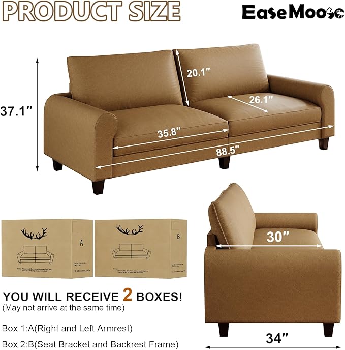 EASE MOOSE 88.5" Large Seat Faux Leather Loveseat Sofa, Waterproof and