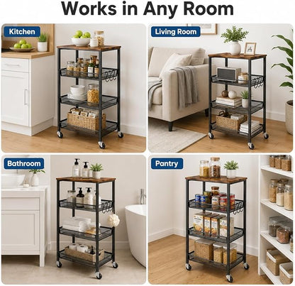 Homleke 4-Tier Rolling Kitchen Storage Cart, Utility Cart with Wooden Tabletop & Metal Baskets, Fruit Vegetable Basket for Kitchen, 3-S Hooks, Rustic Brown and Black