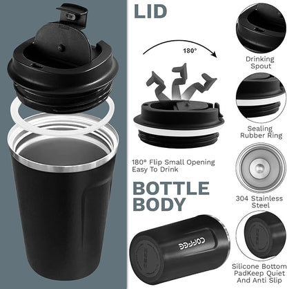 YINBAOGE Insulated Travel Coffee Mug, Spill & Leak Proof, Portable To Go Camping Stainless Steel Coffee Tumbler, Reusable Thermal Coffee Cup with Lid for Hot & Cold Drinks (2nd-Black, 17 OZ)