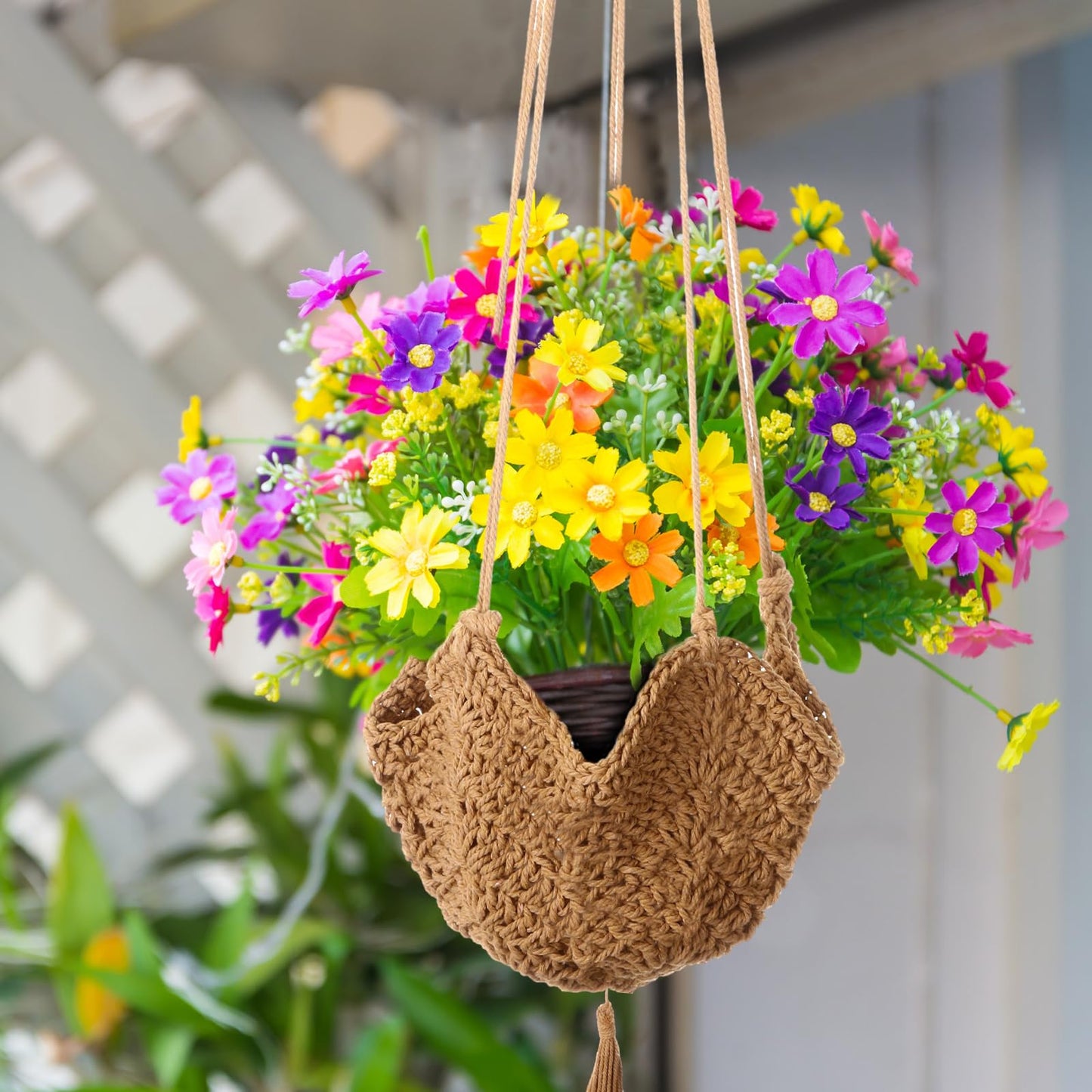 Wovnet 4 Packs Macrame Plant Hangers with Tassels Boho Crochet Hanging Plant Basketball for Indoor Outdoor Plant Hanger with 4 S Shaped Hooks for Home Decor Window Flower Pot(Brown)