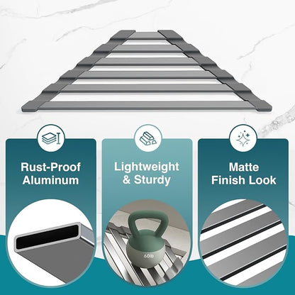 COOL-ANGLE Corner Sink Drying Rack, 16"x9.5" Rust-Proof Aluminum Triangular Dish Drainer, Heat Resistant Roll Up Mat for Kitchen Counter, Sponge Holder & Organizer with Non-Slip Silicone Base, Gray