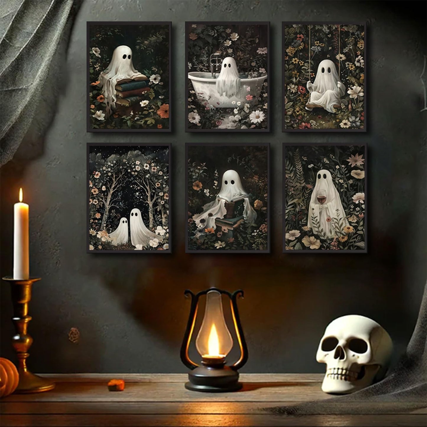 6 Pcs Flower Bush Ghost Wall Art Ghost Reading Swing Bathtub Wall Decor Pictures Halloween Dark Forest Cute Ghost Poster Prints for Dark Academy Bathroom Bedroom Home Decoration 12x16in Unframed