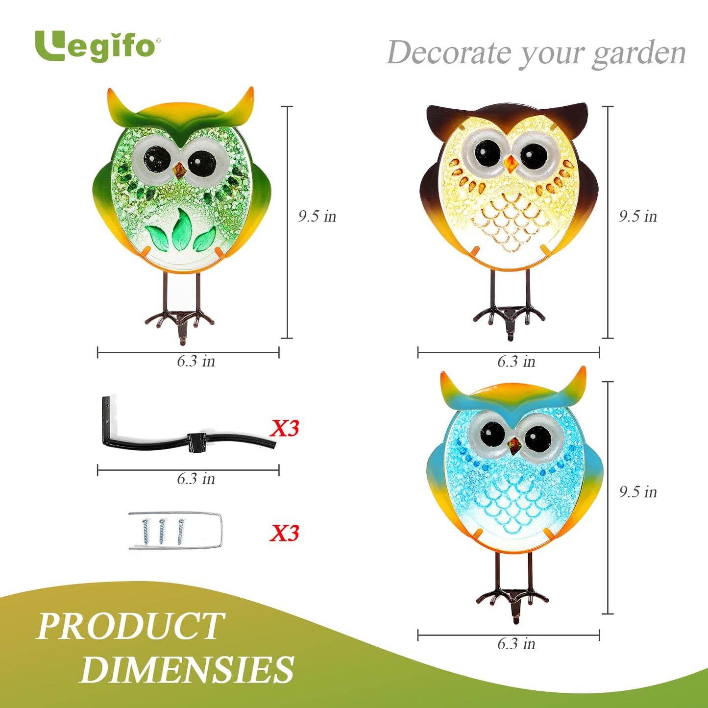 LEGIFO Owl Garden Decor for Outside, Stand & Tree Hugger Outdoor Owls Stakes Yard Art Set of 3, Funny Metal & Glass Stake Gifts for Grandma Mom Women