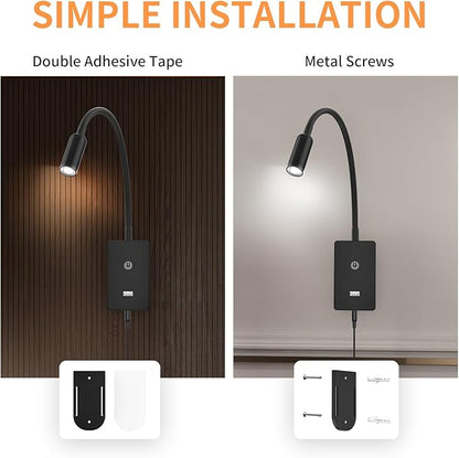 LED Wall Mounted Bedside Lamp with Flexible Gooseneck, Remote Control Black Wall Mount LED Reading Spot Light for Bedroom, Timer Auto Off, Stepless and Step Dimmable, Neutral White Lighting