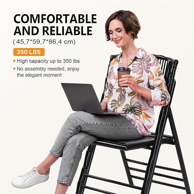 VINGLI Bamboo Folding Chair, Foldable Dining Wood Chairs Comfortable Seat