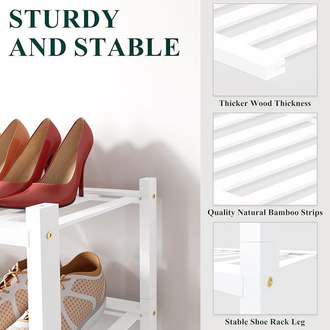 Smiry Small Bamboo Shoe Rack, 2 Tier Free Standing Wooden Shoe Organizer, Stackable Wood Shoe Storage Shelf for Closet, Entryway, 12 Vertical Slats, One-piece Standard Legs, 17.3"x11"x13", White
