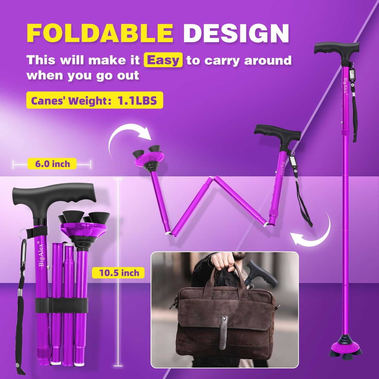 BigAlex Folding Walking Cane for Elderly Adjustable & Portable Walking Stick for Seniors,Pivoting Quad Base,Lightweight,Collapsible with Carrying Bag for Men/Woman