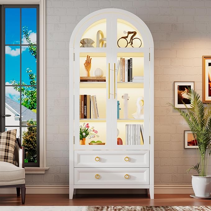 Arched Curio Cabinet with Glass Doors, 4-Tier Display Cabinet with 2 Drawers