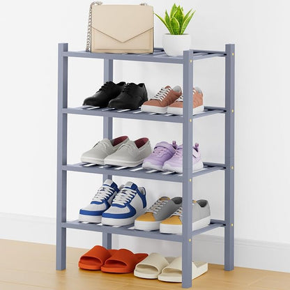 Smiry Small Bamboo Shoe Rack, 4 Tier Free Standing Wooden Shoe Organizer, Stackable Wood Shoe Storage Shelf for Closet, Entryway, 14 Vertical Slats, 2+2 Stack Heavy-Duty Legs, 17.3"x11"x26", Grey