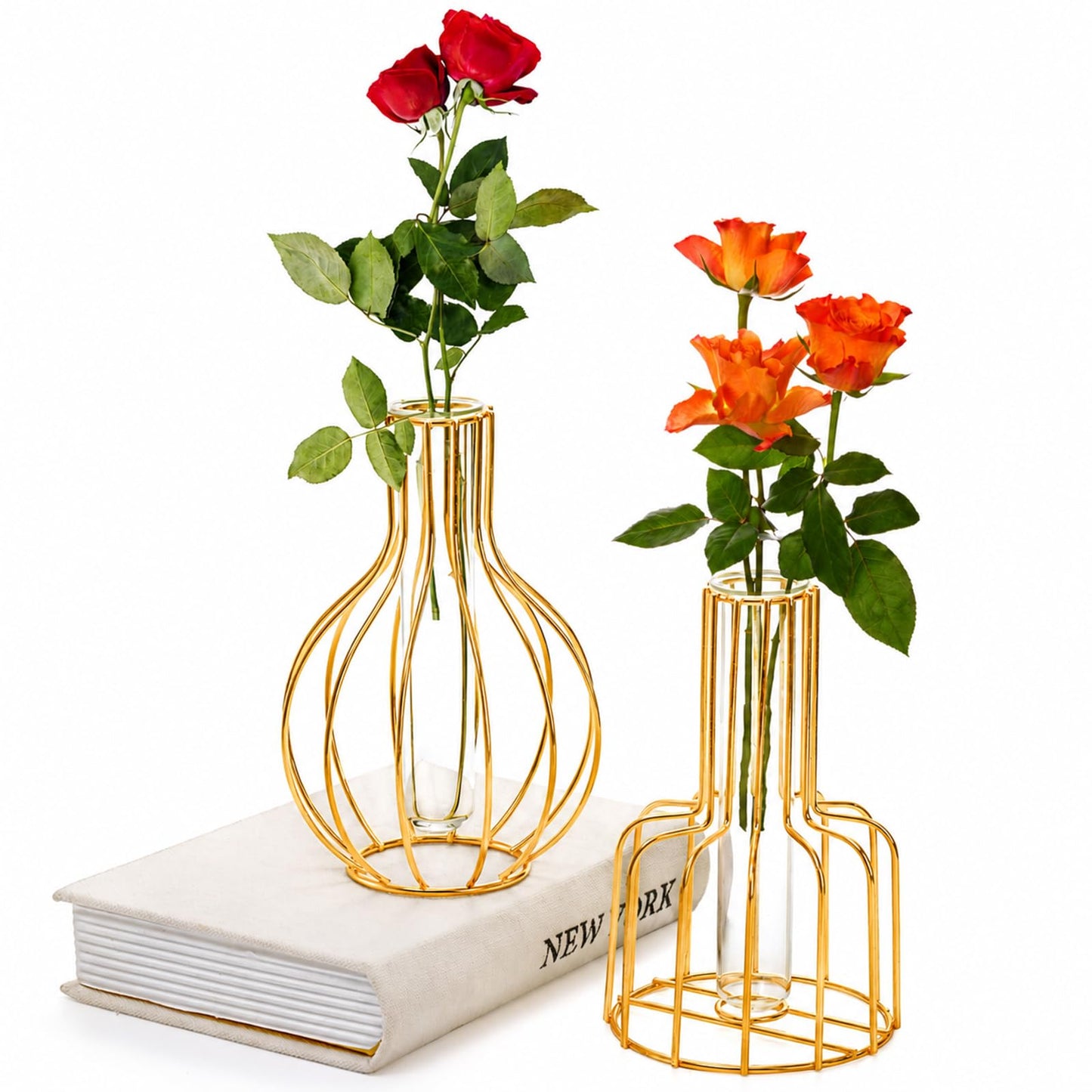 Dicunoy 4 Pack Gold Flower Vases, Small Plastic Test Tube Vase with Metal Frame Stand, Small Bud Vase for Pampas, Wedding, Table Centerpieces, Living Room, Plant Terrariums for Propagating Hydroponic