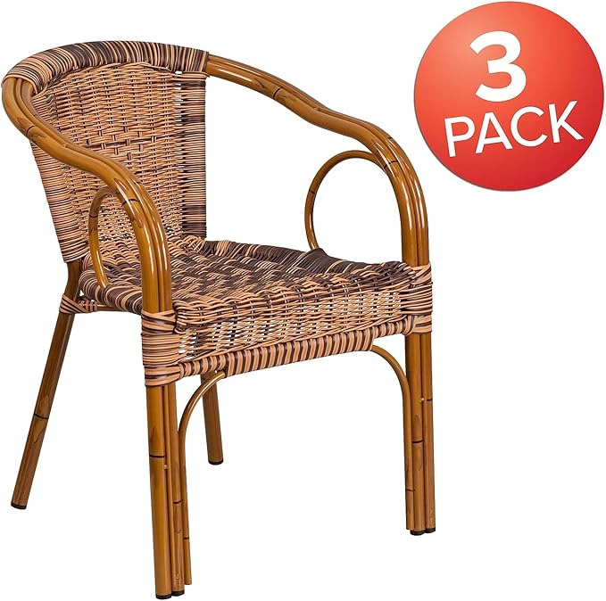 Flash Furniture 3 Pack Cadiz Series Burning Brown Rattan Restaurant Patio Chair