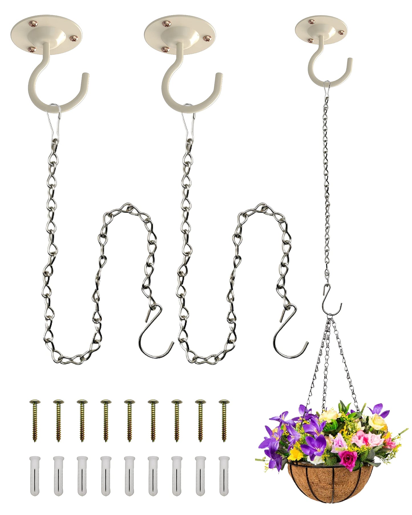 NACETURE Ceiling Hooks for Hanging Plants 3 Pack - Plant Hanger Indoor Hanging Hooks Metal Plant Bracket Iron Lanterns Hangers for Wind Chimes (White 3 Pack + Chain)