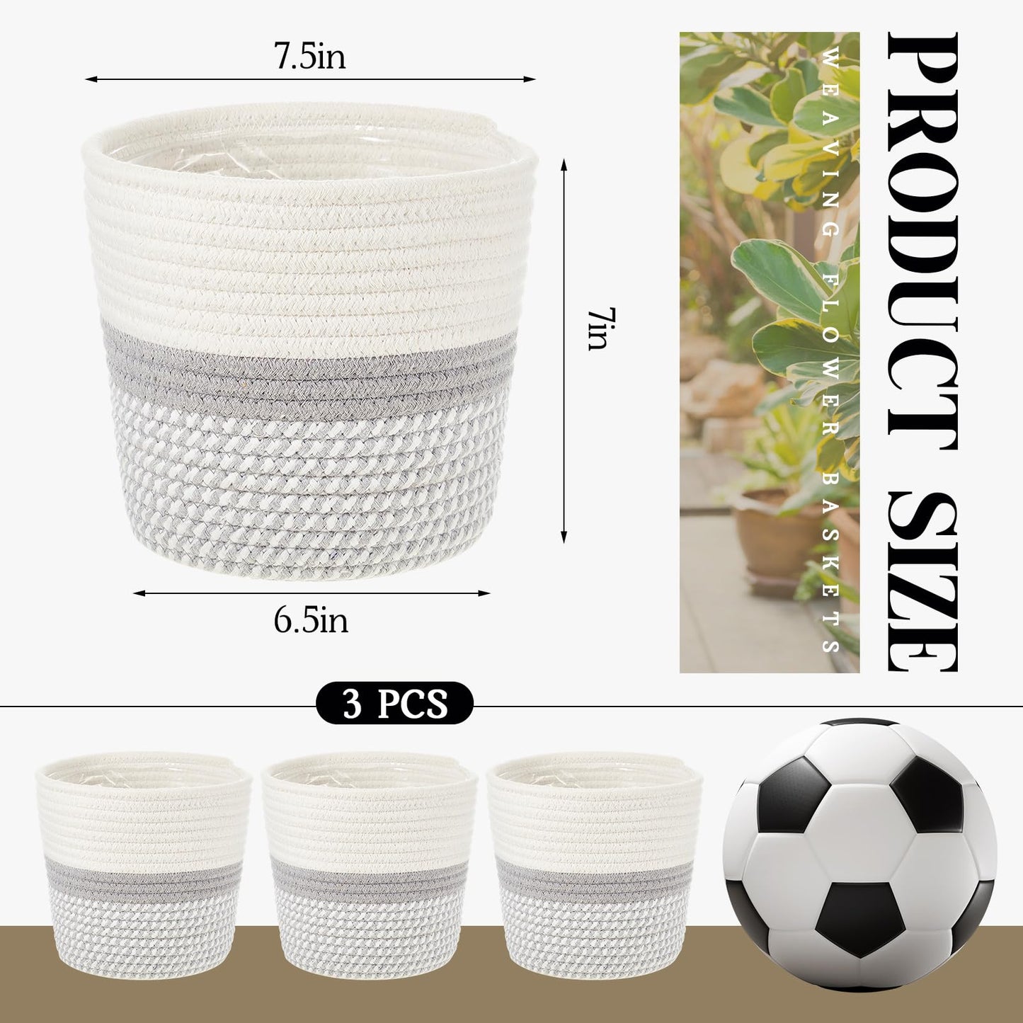 FoldTier 3 Pcs Cotton Rope Plant Basket with Plastic Liner Rustic Plant Basket Planters Modern Woven Decorative Pots for Home Flower Indoor Storage Decor, 7.5 x 6.5 Inches(White, Gray)