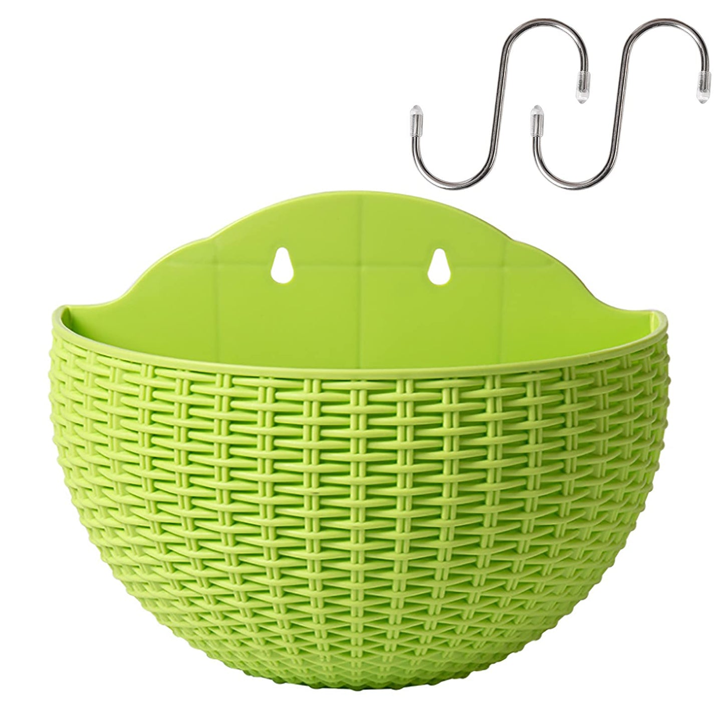 Hanging Planter Pot, Wall and Railing Hanging Planters with S Hooks, Half Round Imitation Rattan European Style Wall Flowerpot Rustic Decorative Flower Basket for Home Balcony Garden(#26*20.5cm Green)