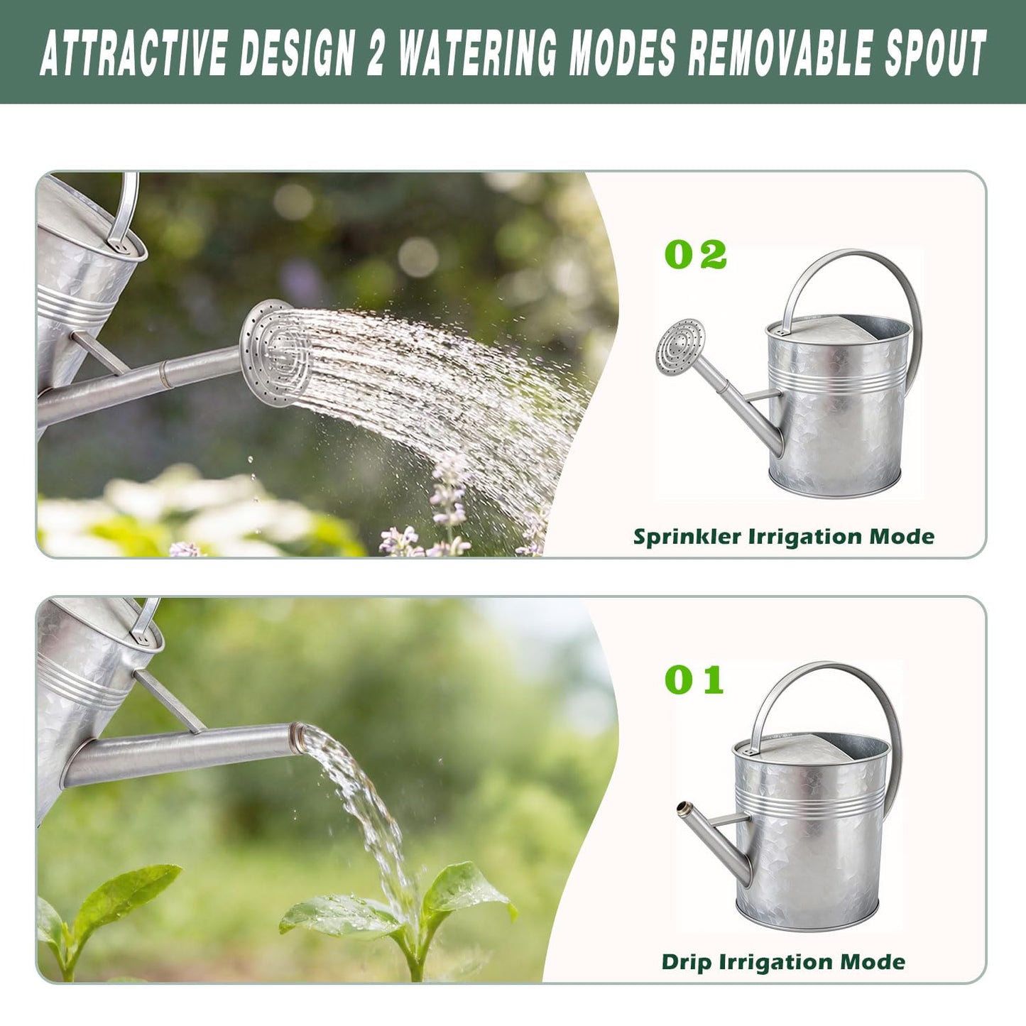 9.5L Metal Watering Can for Outdoor Garden, Galvanized Steel Large Watering Can Pot with Top Handle and Long Spout, Rust-Resistant Water Can for Flower, Lawns, and Farm Use