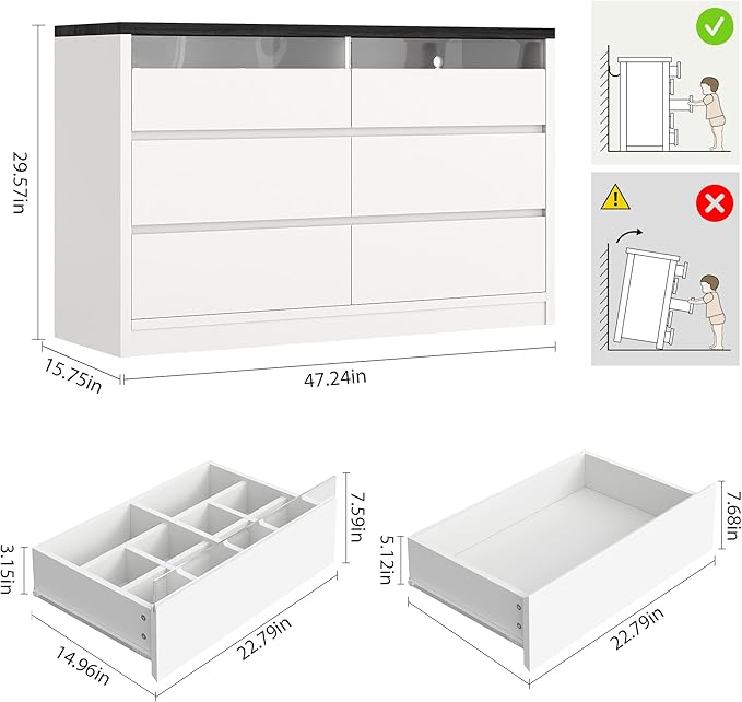 Jocoevol Modern LED 6 Drawer Dresser