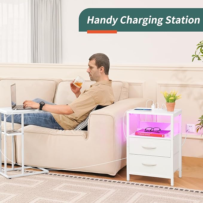 Yoobure Nightstand with Charging Station, LED Night Stand with Fabric Drawers