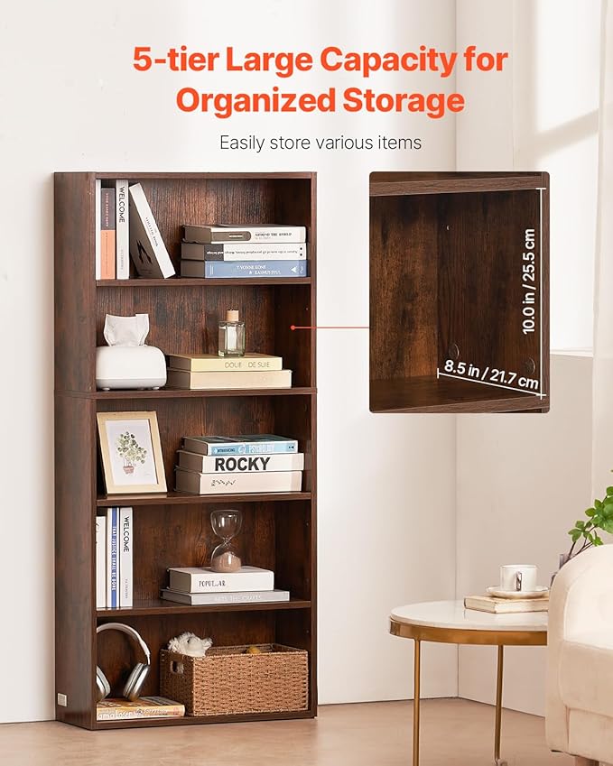 VEVOR 5 Tiers Narrow Bookshelf, 53 in Wooden Open Bookcase