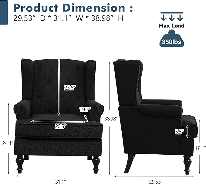 Accent Chair for Living Room, Mid Century Modern Upholstered Armchair, Wingback