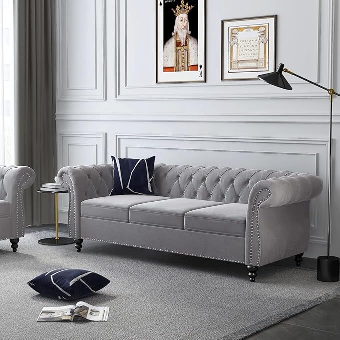 Mid-Century 3 Seater Sofa, Velvet Couch