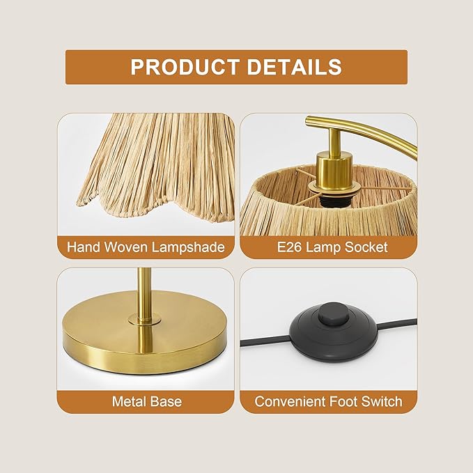 Oneach Arc Floor Lamp for Living Room, Rattan Boho Floor Lamp