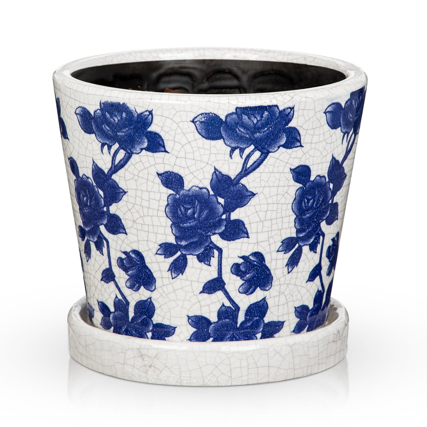 Ceramic Pot for Indoor Plants - 5.5 inch Flower Pot for Plants with Drainage Holes and Saucer Ice Crack Diamond Rose Flower Pattern Ceramic Planter for Outdoor Indoor Herb Snake Plant (Blue & White)