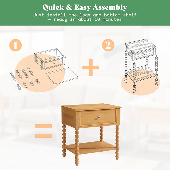 AMERLIFE 24" Wood Nightstand Set of 2, Vintage Bedside Table