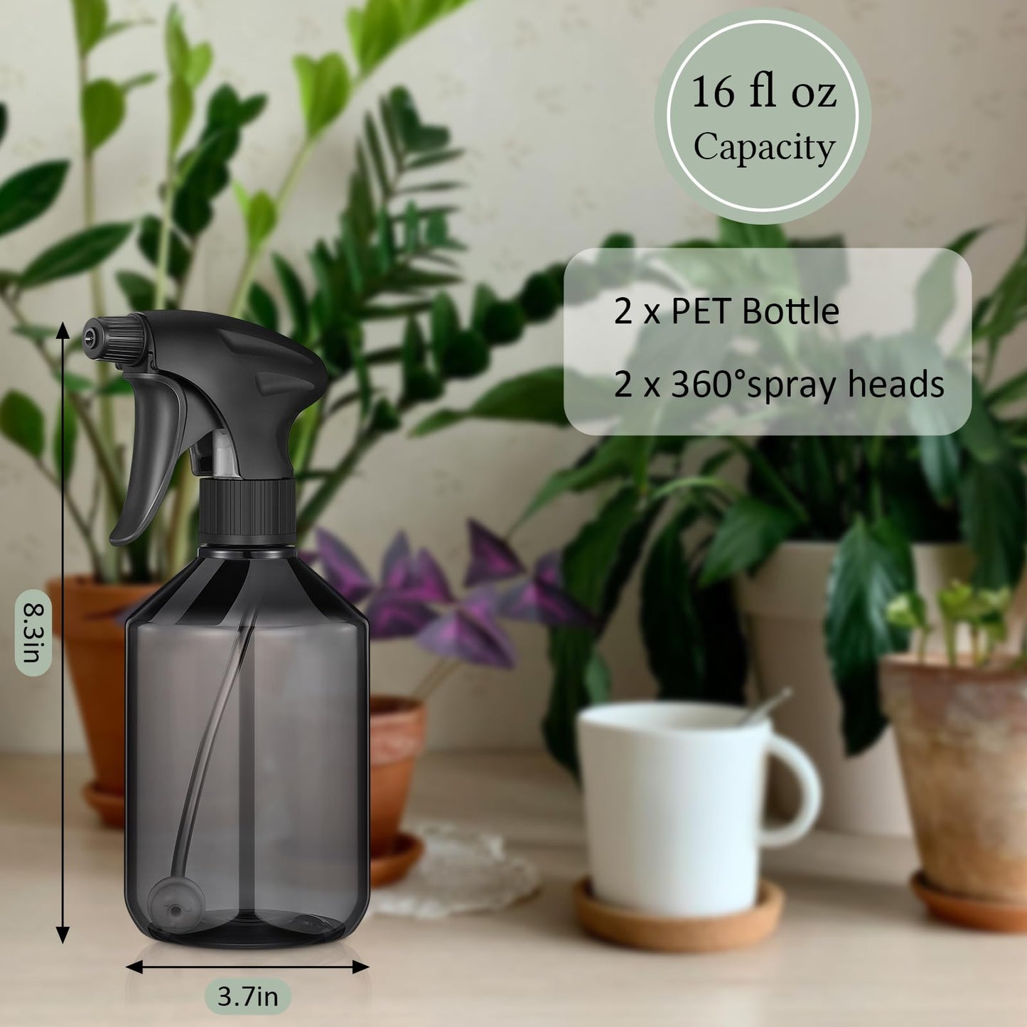 Baderke 2 Pcs Spray Bottle, 16 oz Plastic Spray Bottles for Cleaning 360° Upside Down Sprayer Bottles for Cleaning Solutions, Durable Nozzle W/fine Mist and Stream Setting(Gray)