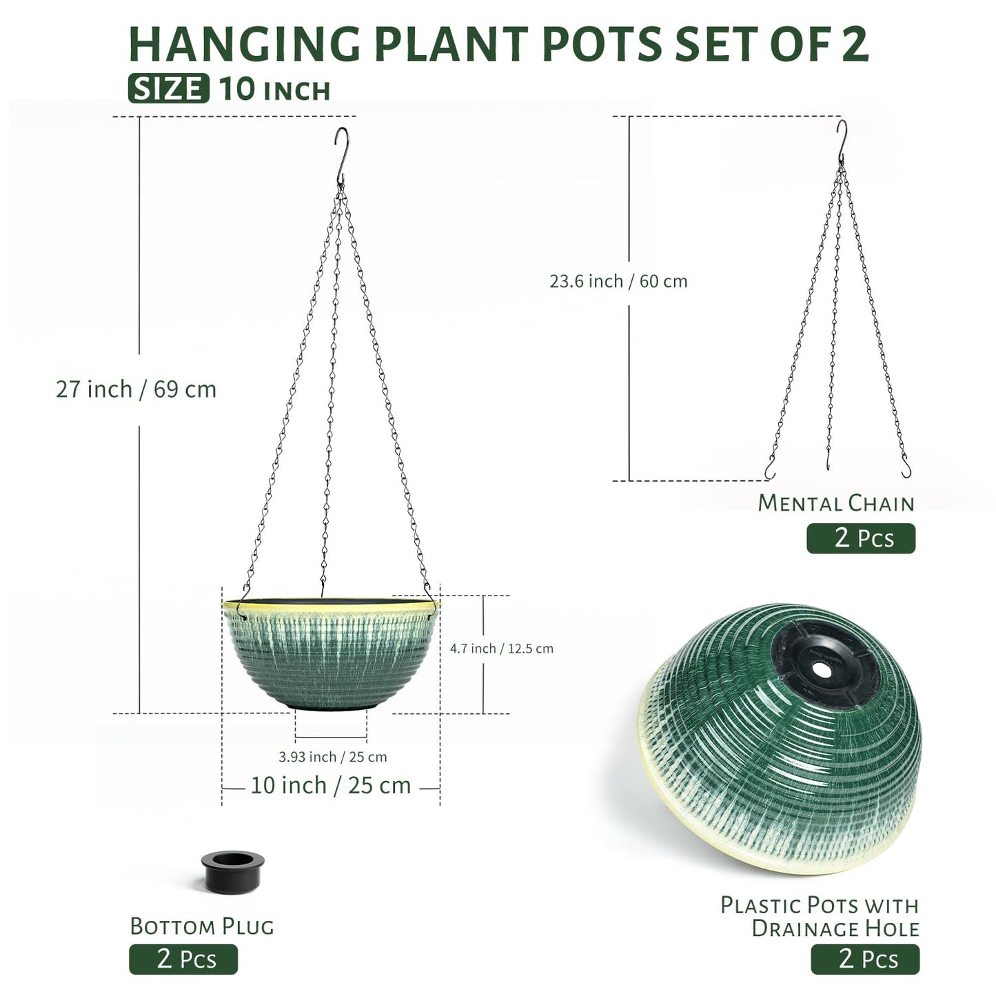 LESOASIS 10inch Hanging Planter, 2 Pack Hanging Planters for Indoor and Outdoor Plants, Glazed Hanging Plant Holder with Drainage, Indoor Hanging Flower Pots for Garden Home (Green Glaze)