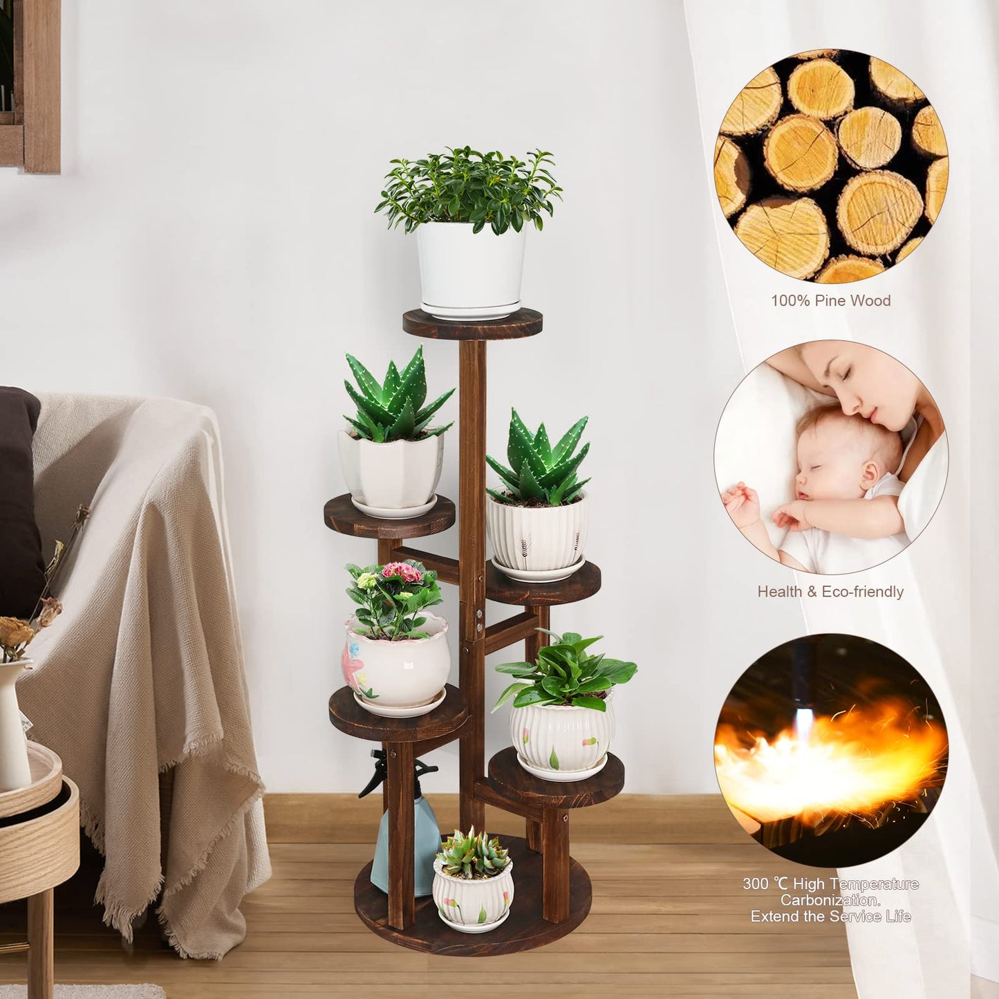 Jotboom 5 Tier Plant Stand Indoor, Tall Wood Corner Plant Shelf for Multiple Plants, Multi-tiered Flower Pot Holder Display Rack for Living Room, Balcony, Patio (Carbonized Brown)
