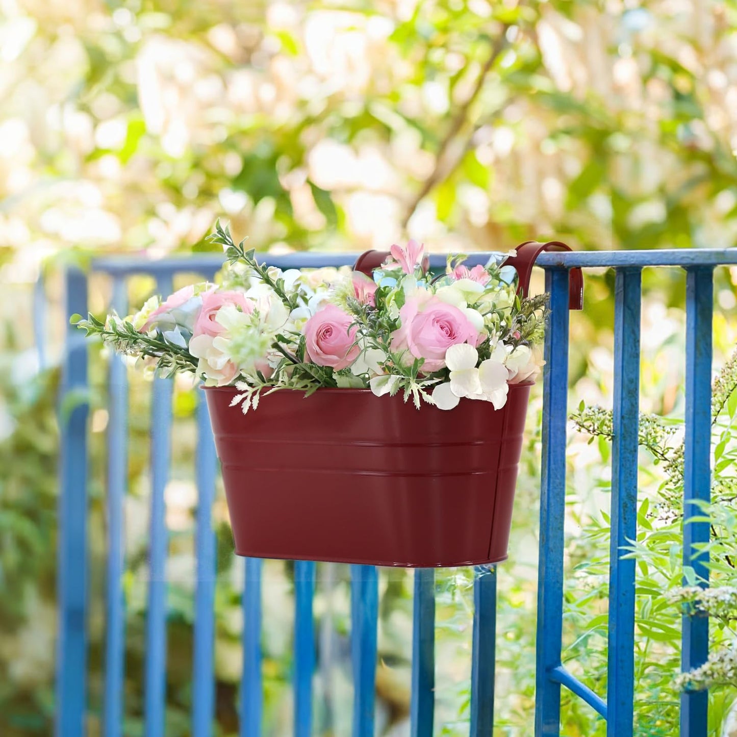 Meltset M 3 Pack Metal Railing Planters, 10.5" Oval Hanging Flower Pots with Detachable Hooks & Drainage Holes, Fits Rails up to 2.36", Galvanized Iron Fence Bucket for Balcony Garden Patio - Red