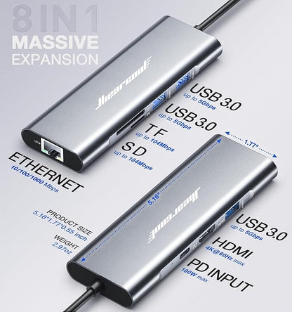 Hiearcool USB C Hub Ethernet 8-in-1, 4K@60Hz USB-C to HDMI Multiport Adapter with 1Gbps RJ45, 100W PD, 3 USB 3.0, SD/TF, Compatible for MacBook Pro/Air, Dell, Lenovo Laptops