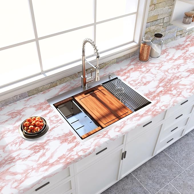 practicalWs White/Pink Marble Contact Paper Granite Peel and Stick Countertops