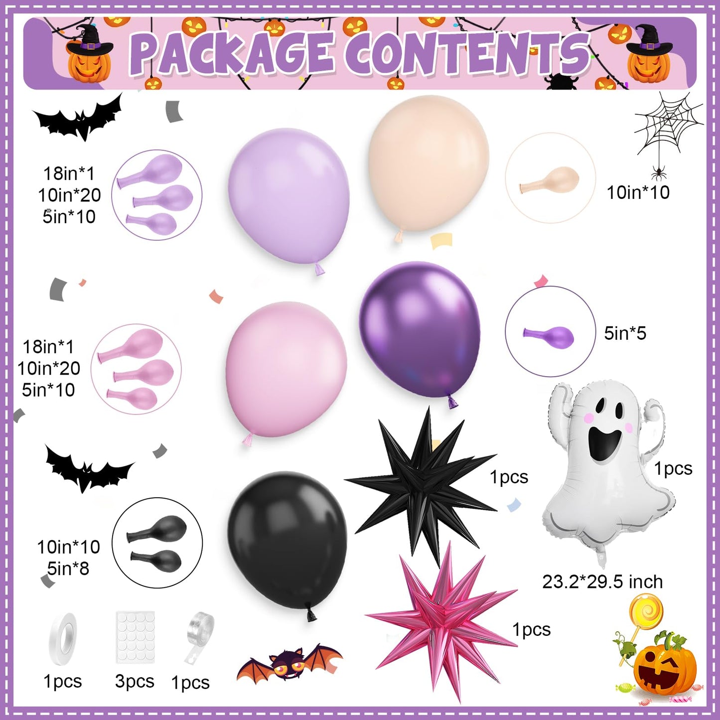 Pastel Halloween Balloon Arch Kit, Purple Pink Orange Black Balloons Garland with Cute Ghost Balloons Pink Explosion Star Foil Balloons for Girls Spooky Birthday Party BOO Halloween Party Decoration