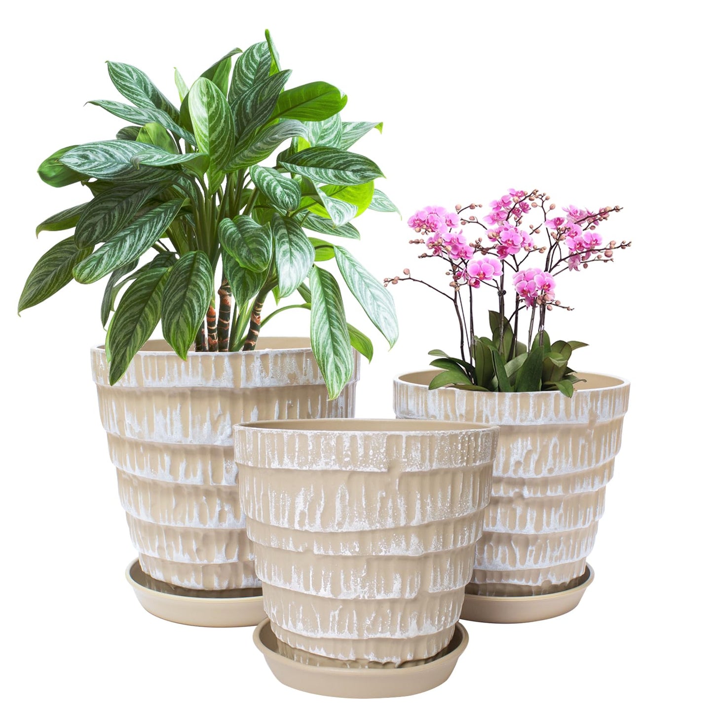 Plant Pots Indoor 7.5/6.5/5.5 Inch Set of 3 Plastic Planters for Indoor Plants with Drainage Hole and Saucer, Plastic Flower Pots, Nursery Planting Pot for Out Door Plants