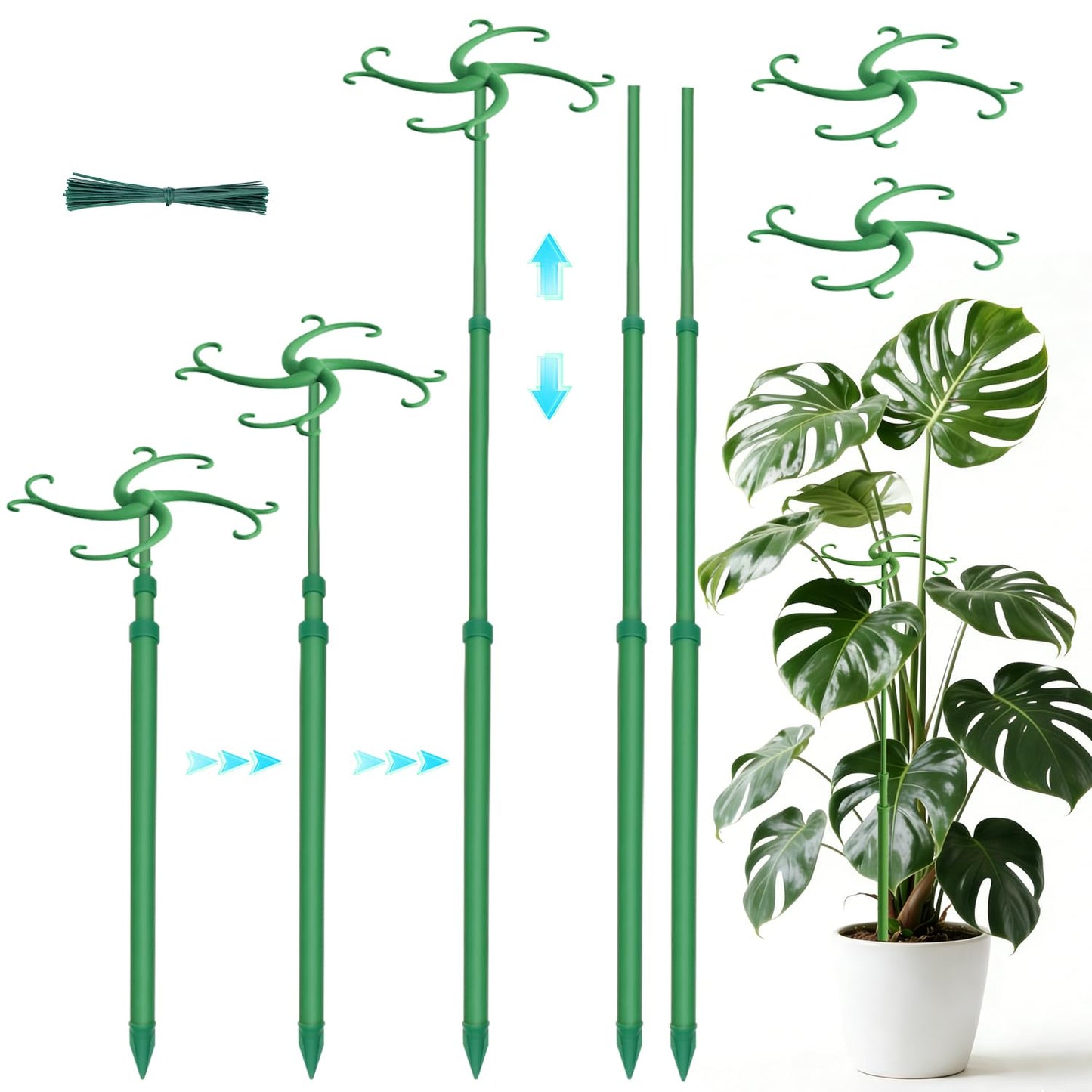 Telescoping Plant Support Stakes,5Pack 17.3 to 42.3IN Adjustable Monstera Plant Support,Garden Stakes with Clips,Sturdy Plant Sticks for Indoor Outdoor Plants, Orchid, Tomato, Vine,Monstera