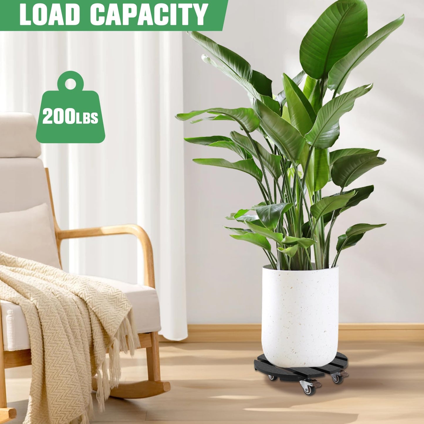 YOULITE Plant Caddy with Lockable Rubber Casters, 12 Inch Round Wood Plastic Composite Planter Stand, Heavy Duty 200 Lbs Capacity for Indoor & Outdoor Plants (Black, Round)