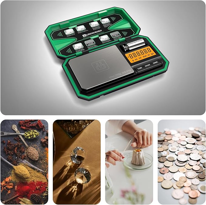 UNIWEIGH Digital Pocket Scale Precision 200g/0.01g, Digital Scale Grams Ounces, Mini Jewelry Scale, Coins Scale with 50g Cal Weights for Gold/Silver/Gems/Food,(Battery Included)-Green